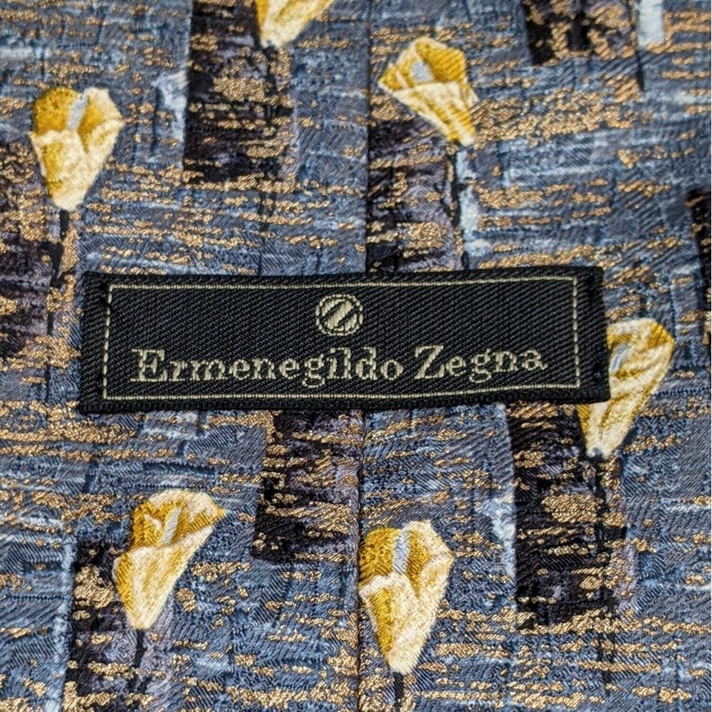 Ermenegildo Zegna‎ Men's Neck Tie 100% Silk Italy Luxury 56" Gray Gold Pattern - Picture 4 of 8